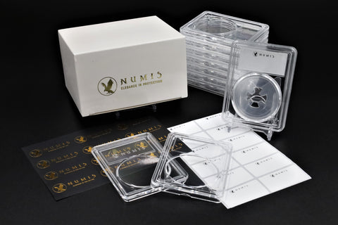 NUMIS 10 Pack (Non-Kit), You Choose Your Size- Premium Clear Coin Cases with Holograms and Labels